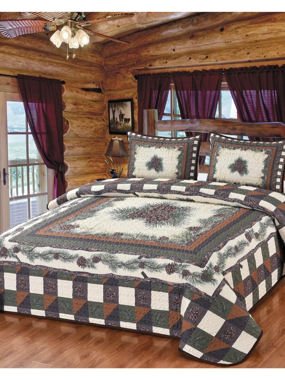 Deleon Collections Pine Forest Checkered Pinecone Quilt Bedding Set/Size: Queen